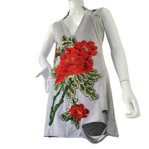 Red Rose T Shirt Dress Tunic Top Sleeveless Distressed Open Front Womens Medium